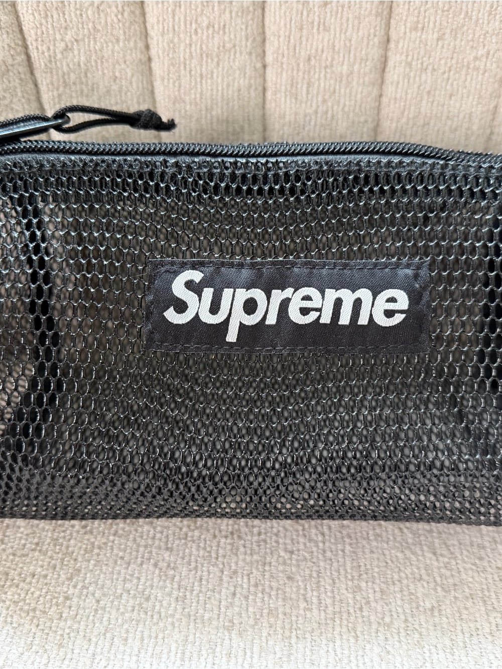 Supreme Black Mesh Toiletry Pouch with White Logo